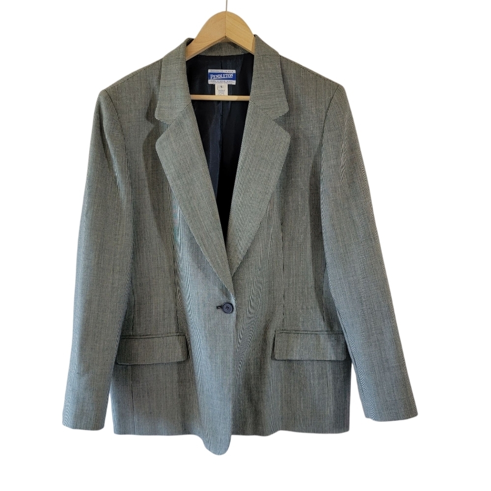VTG Pendleton Gray Houndstooth 100% Wool Single Breasted Blazer 16 Office Siren